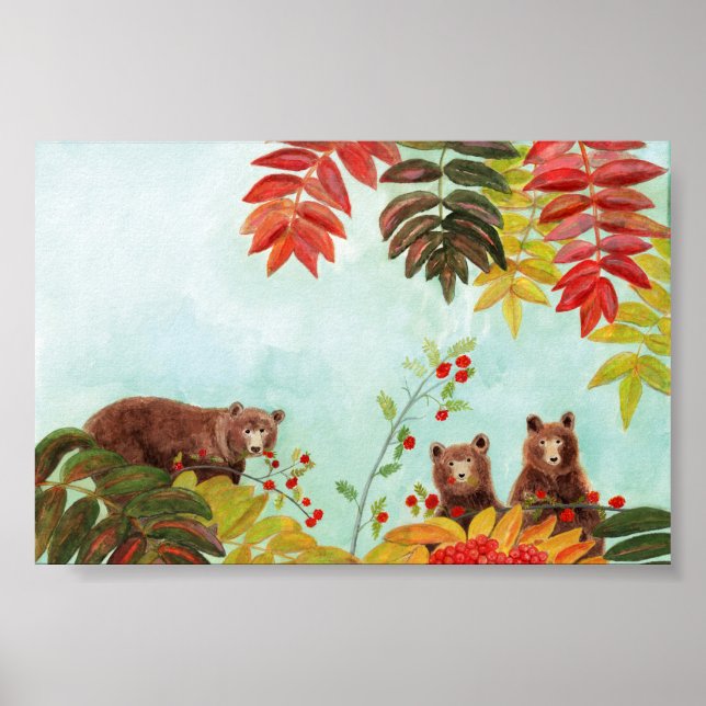 Brown Bears  Eating Red Rowan Berries  Poster (Front)