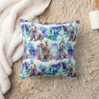Brown Bears Northern Lights Winter Forest Throw Pi Cushion
