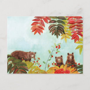 Brown Bears & Red Rowan Berries Sorbus aucuparia Postcard