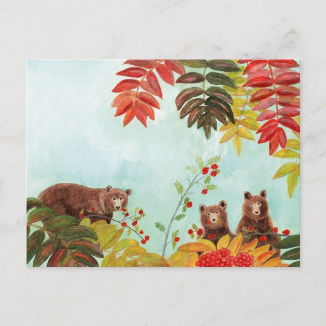 Brown Bears & Red Rowan Berries Sorbus aucuparia Postcard (Front)