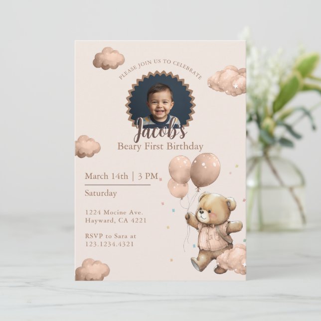 Brown Beary First Birthday Boy Photo Invitation (Standing Front)