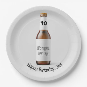 Brown beer bottle for 40th birthday paper plate