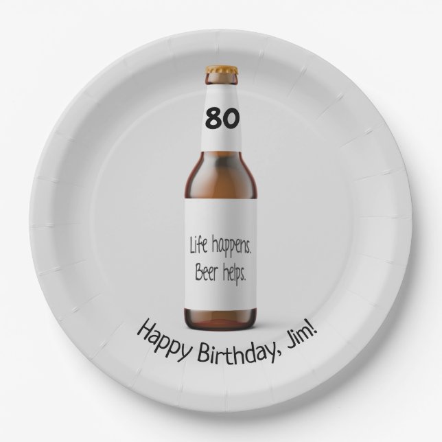 Brown beer bottle for 80th birthday paper plate (Front)