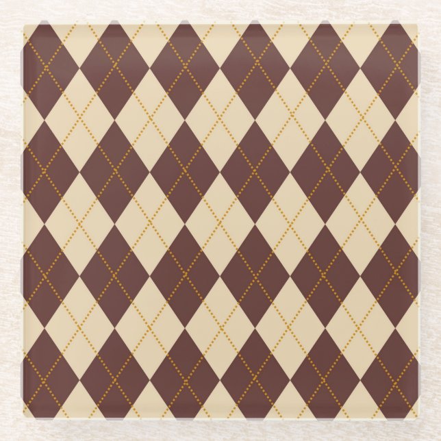 Brown Beige Autumn Fall Argyle Diamond Pattern  Glass Coaster (Front)