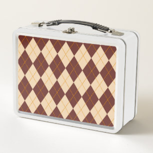 Brown Beige Autumn Fall Argyle Diamond Pattern Metal Lunch Box