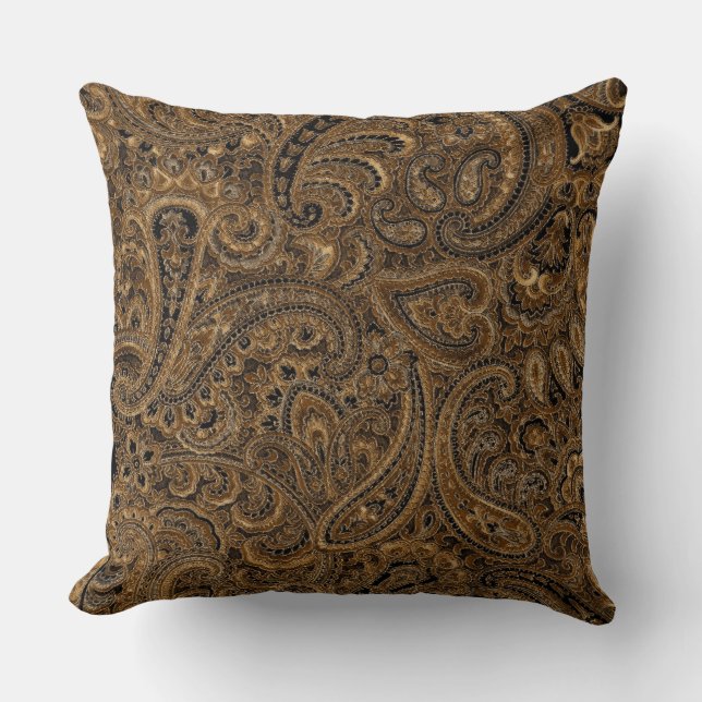 Brown, Beige & Black Floral Paisley Pattern Cushion (Front)