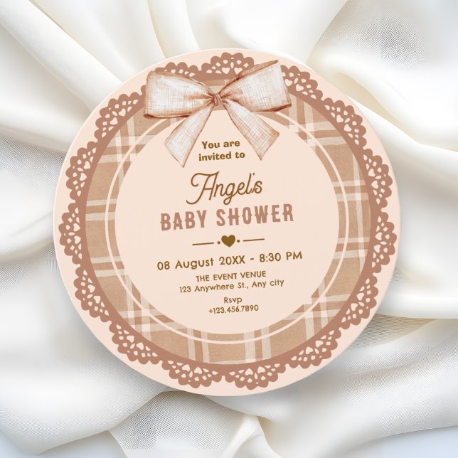 Brown beige bow plaid baby shower invitation (Creator Uploaded)