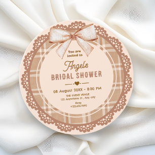 Brown beige bow plaid bridal shower invitation