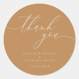 Brown Beige Calligraphy Thank You Classic Round Sticker
