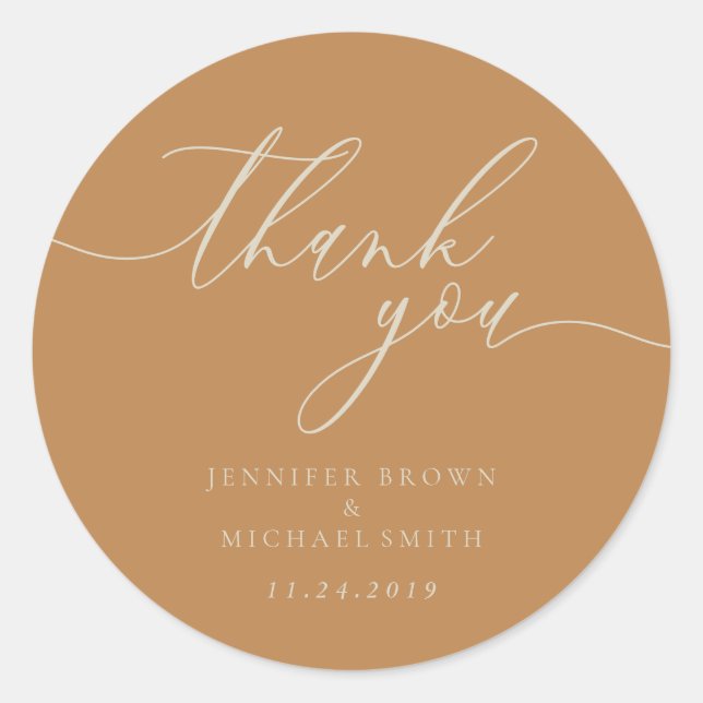 Brown Beige Calligraphy Thank You Classic Round Sticker (Front)