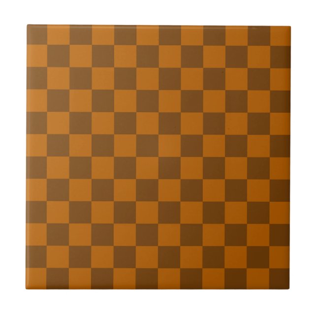 Brown Beige Chequered Block Print  Ceramic Tile (Front)