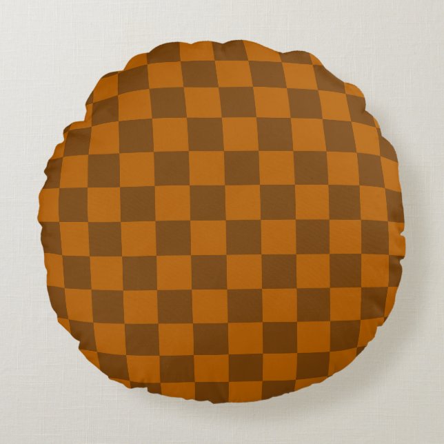 Brown Beige Chequered Block Print  Round Cushion (Front)
