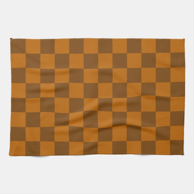 Brown Beige Chequered Block Print  Tea Towel (Horizontal)
