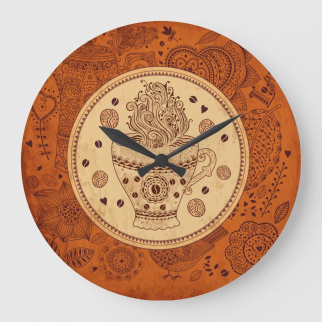 Brown & Beige Coffee Design Retro Flowers Large Clock (Front)