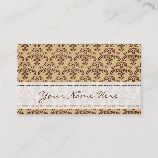 Brown & Beige Damask Pattern Business Card (Front)