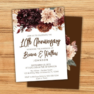 Brown Beige Floral 10th Wedding Anniversary  Invitation