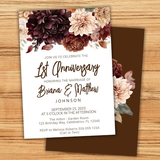 Brown Beige Floral 1st Wedding Anniversary  Invitation (Creator Uploaded)