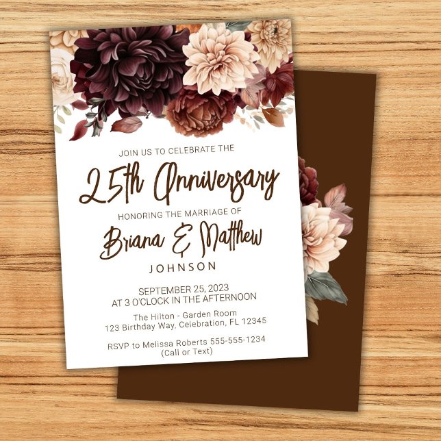 Brown Beige Floral 25th Wedding Anniversary  Invitation (Creator Uploaded)