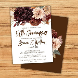Brown Beige Floral 50th Wedding Anniversary  Invitation