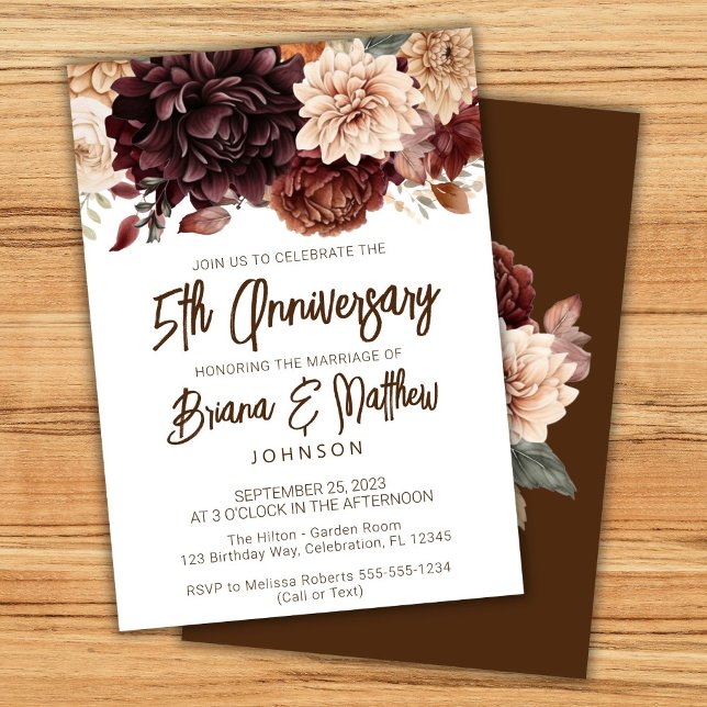 Brown Beige Floral 5th Wedding Anniversary  Invitation (Creator Uploaded)