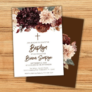 Brown Beige Flowers Floral Baptism Invitation
