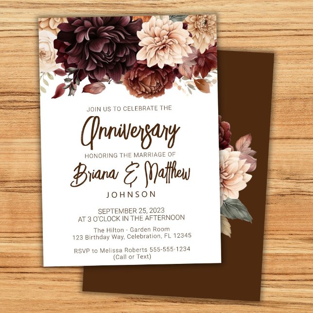 Brown Beige Flowers Floral Wedding Anniversary  Invitation (Creator Uploaded)