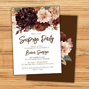 Brown Beige Flowers Surprise Birthday Party Invitation