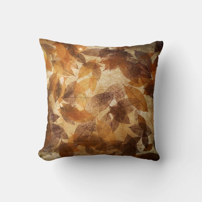 Brown Beige Gold Leafs Autumn Linen Cushion (Front)