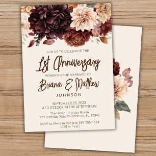 Brown Beige Ivory Floral 1st Wedding Anniversary  Invitation