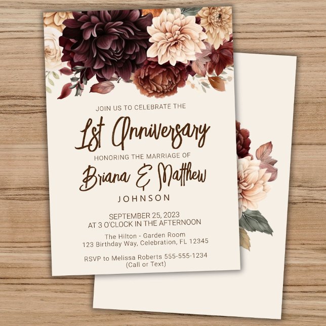 Brown Beige Ivory Floral 1st Wedding Anniversary  Invitation (Creator Uploaded)