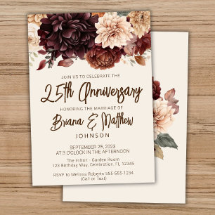 Brown Beige Ivory Floral 25th Wedding Anniversary  Invitation