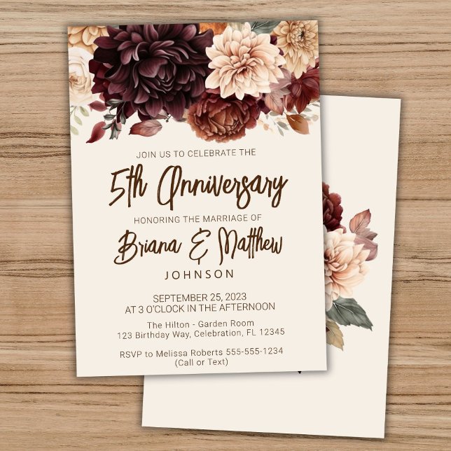 Brown Beige Ivory Floral 5th Wedding Anniversary  Invitation (Creator Uploaded)