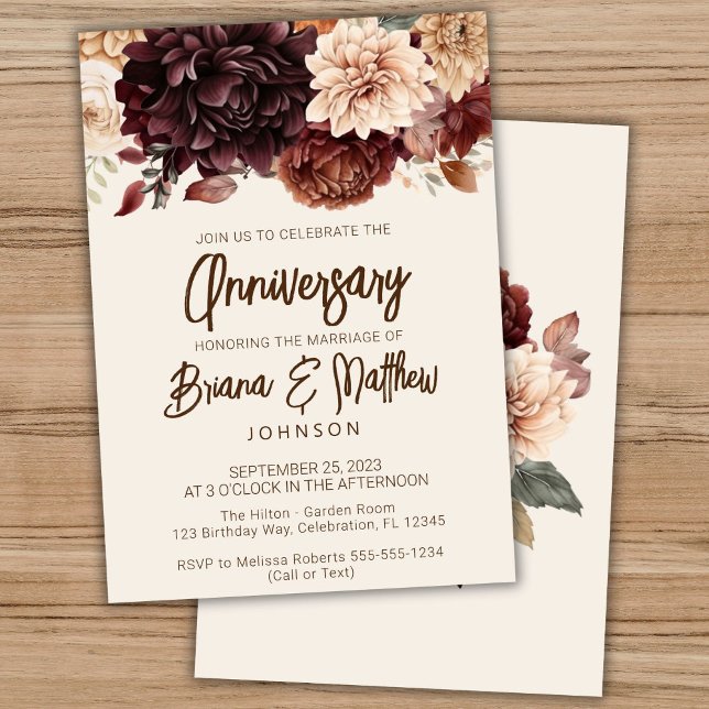 Brown Beige Ivory Floral Wedding Anniversary  Invitation (Creator Uploaded)