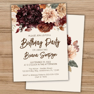 Brown Beige Ivory Flowers Birthday Party Invitation