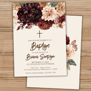 Brown Beige Ivory Flowers Floral Baptism Invitation
