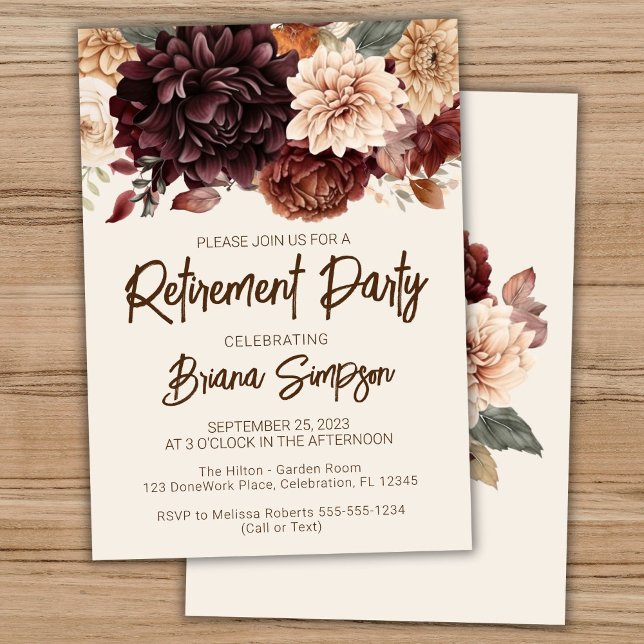 Brown Beige Ivory Flowers Floral Retirement Party Invitation (Creator Uploaded)