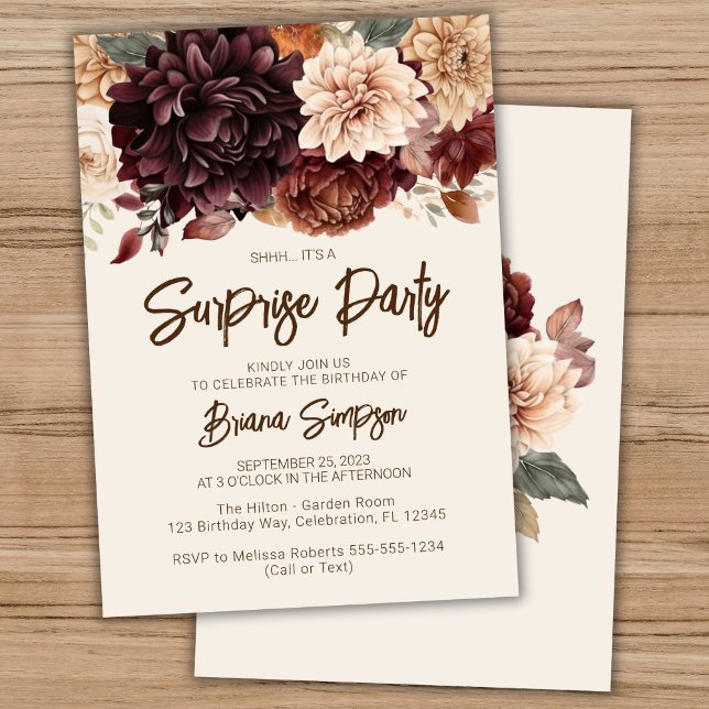 Brown Beige Ivory Flowers Surprise Birthday Party Invitation (Creator Uploaded)