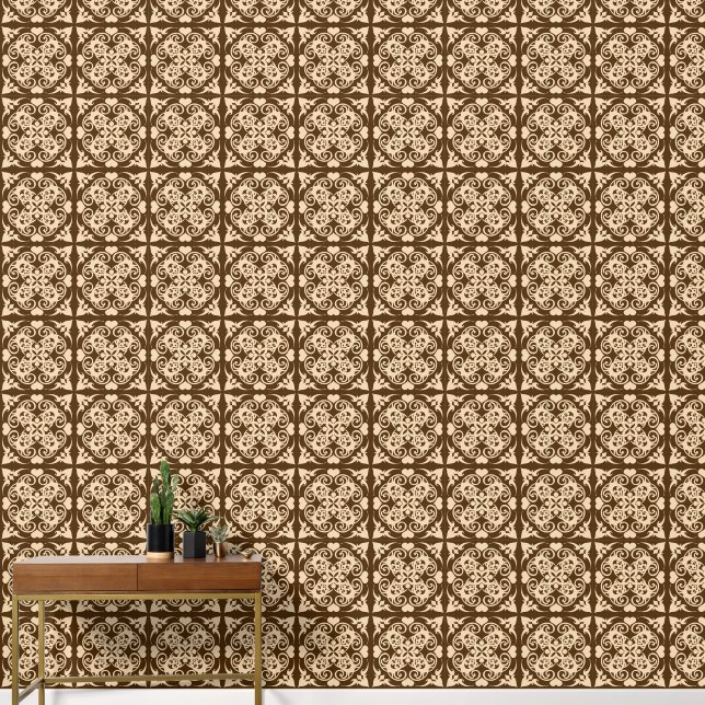 Brown & Beige Ornamental Tile – Moroccan Wallpaper (Hallway)