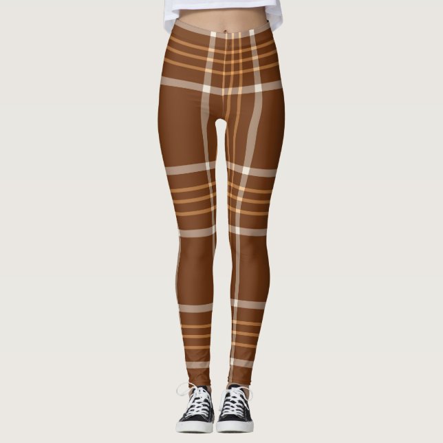 Brown Beige Plaid Tartan Chequered Pattern    Leggings (Front)