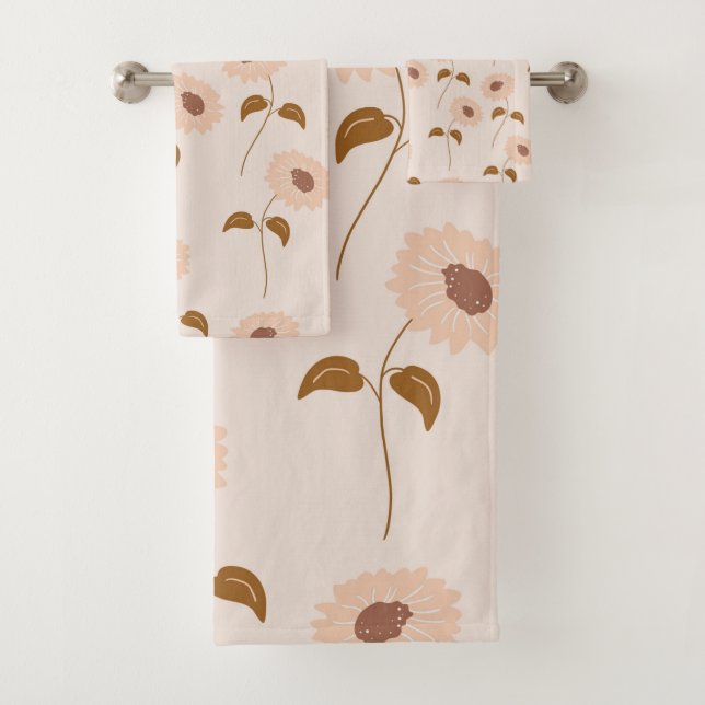 Brown Beige Retro Y2K Hippie Sunflower Pattern Bath Towel Set (Insitu)
