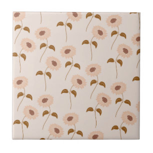 Brown Beige Retro Y2K Hippie Sunflower Pattern Ceramic Tile