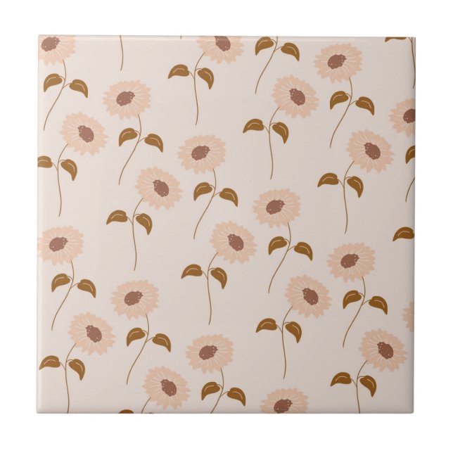 Brown Beige Retro Y2K Hippie Sunflower Pattern Ceramic Tile (Front)