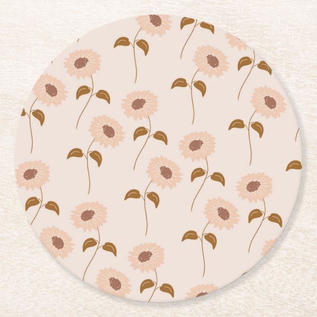 Brown Beige Retro Y2K Hippie Sunflower Pattern Round Paper Coaster (Front)