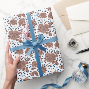 Brown beige rose flowers on polka dot background wrapping paper