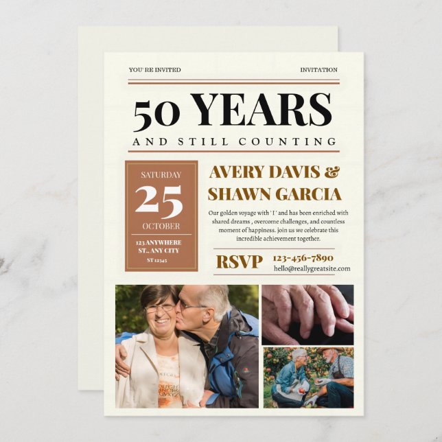 Brown Beige Simple Grid Newspaper 50th Anniversary Invitation (Front/Back)