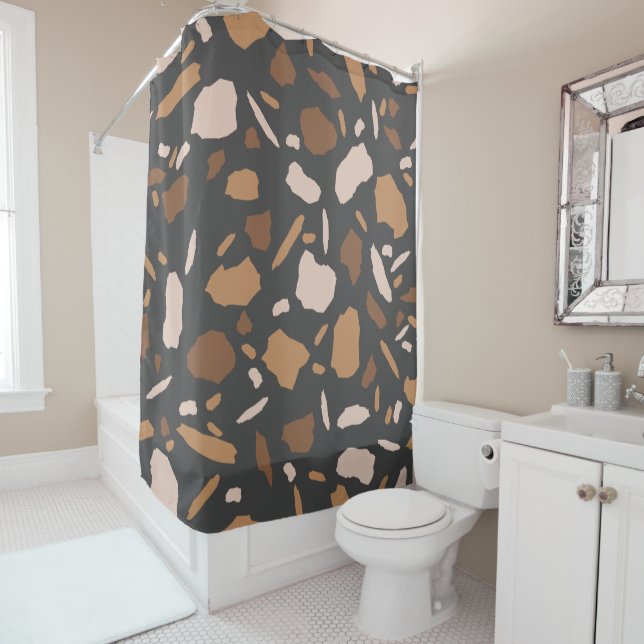 Brown, Beige,  Tan and Grey Terrazzo Pattern  Shower Curtain (In Situ)