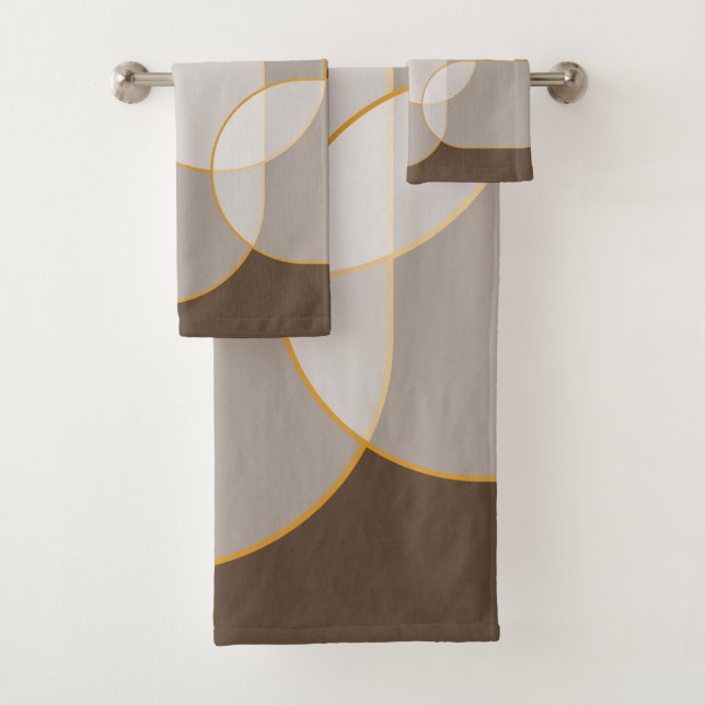 Brown, Beige, Tan & Gold Abstract Arch Pattern Bath Towel Set (Insitu)