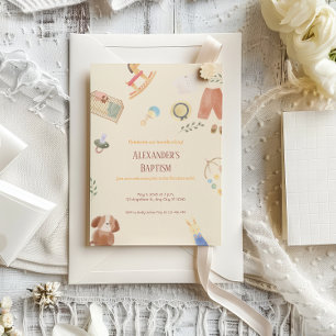 Brown Beige Watercolor Nursery Toy Baptism Invitation