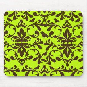 brown bird and lime green damask pattern mouse pad