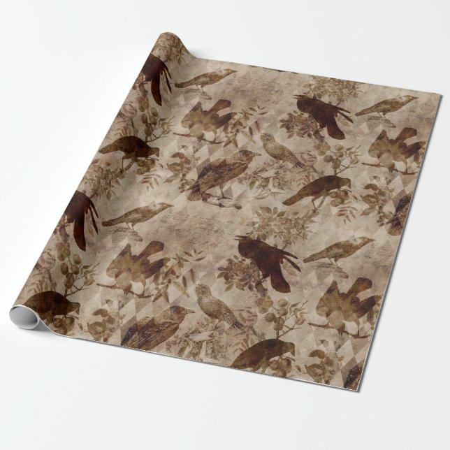 Brown Birds and Branches Wrapping Paper (Unrolled)